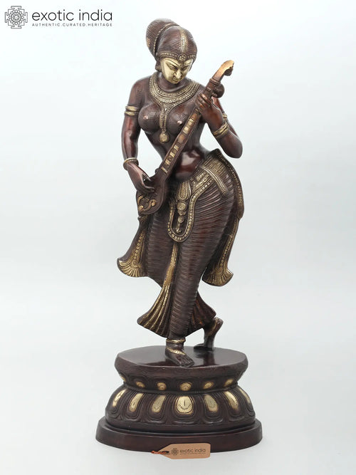 36" Standing Goddess Saraswati Handmade Brass Statue for Home Pooja