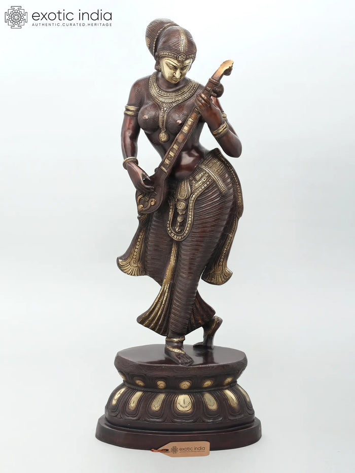 36" Large Standing Goddess Saraswati Brass Statue | Handmade | Made in India