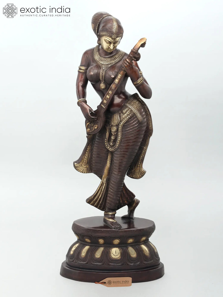 36" Standing Goddess Saraswati Handmade Brass Statue for Home Pooja