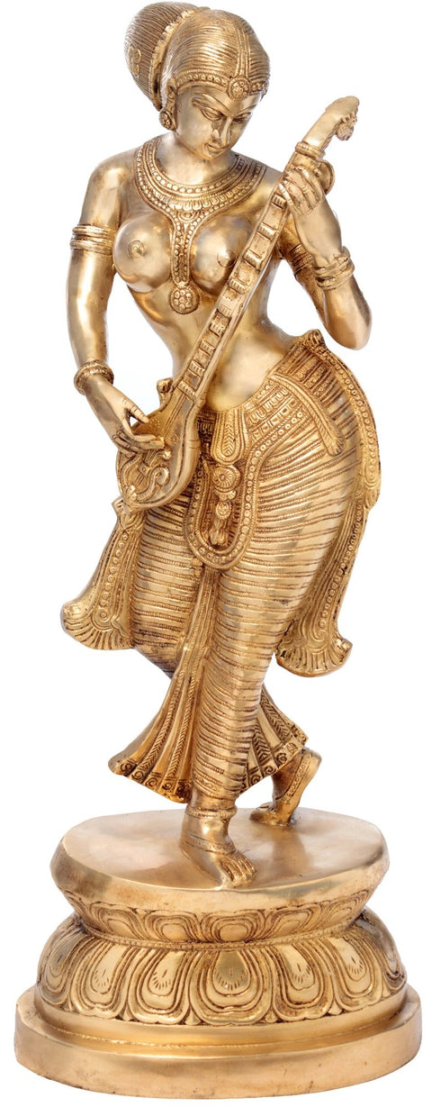 36" Large Size Standing Goddess Saraswati Brass Statue | Handmade | Made in India