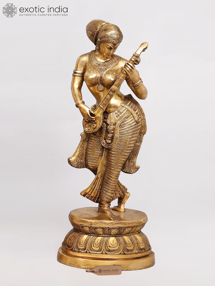 36" Large Standing Goddess Saraswati Brass Statue | Handmade | Made in India