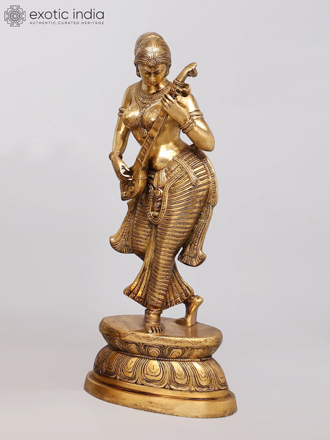 36" Large Standing Goddess Saraswati Brass Statue | Handmade | Made in India