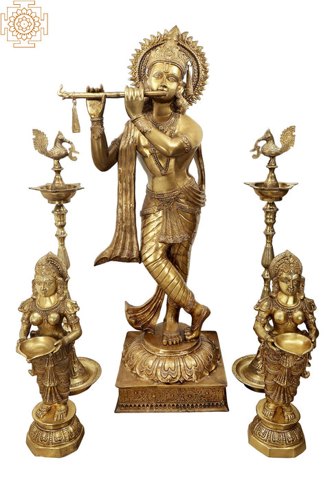 79" Large Fluting Krishna with Pairs of Deepalakshmi and Mayur Lamp in Brass | Handmade