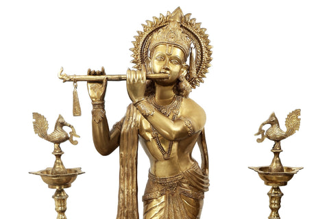 79" Large Fluting Krishna with Pairs of Deepalakshmi and Mayur Lamp in Brass | Handmade