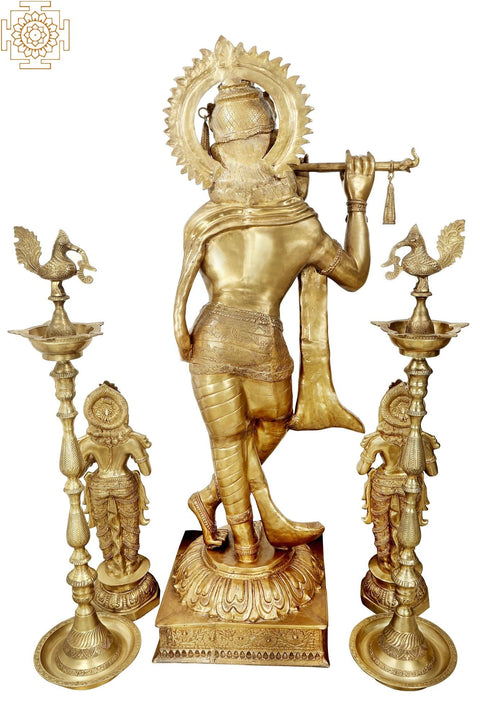 79" Large Fluting Krishna with Pairs of Deepalakshmi and Mayur Lamp in Brass | Handmade