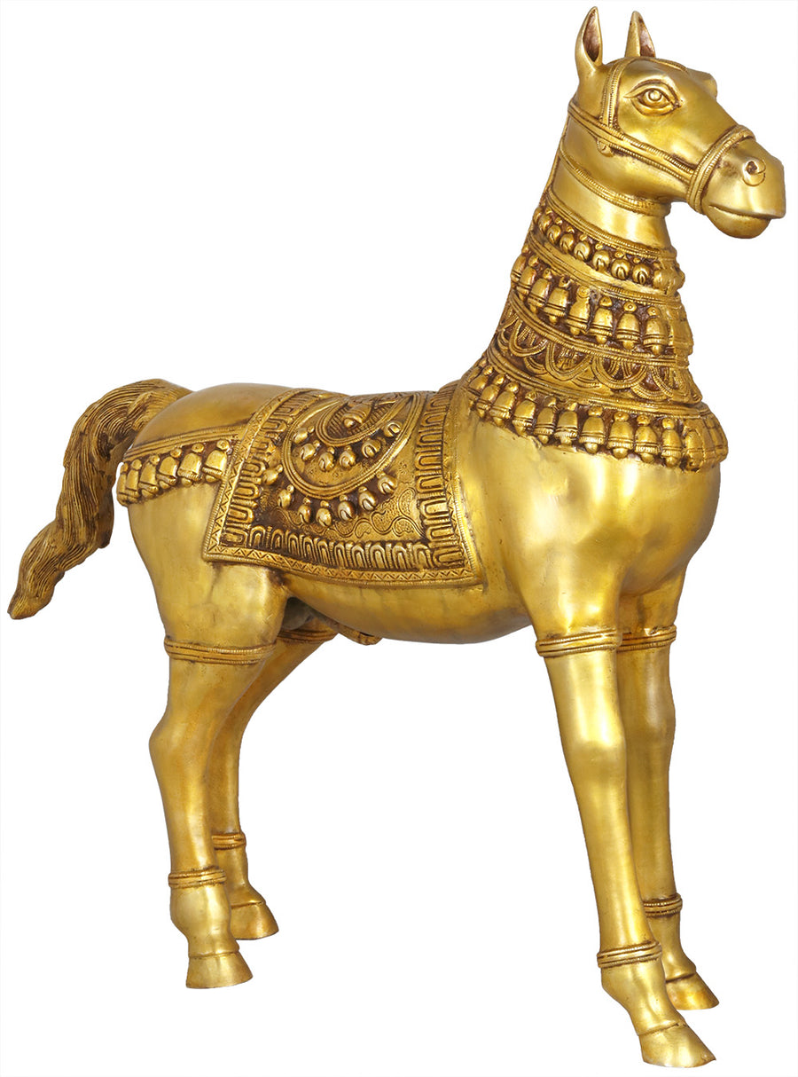 Large Brass Horse Statue with Decorated Saddle for Home Decor
