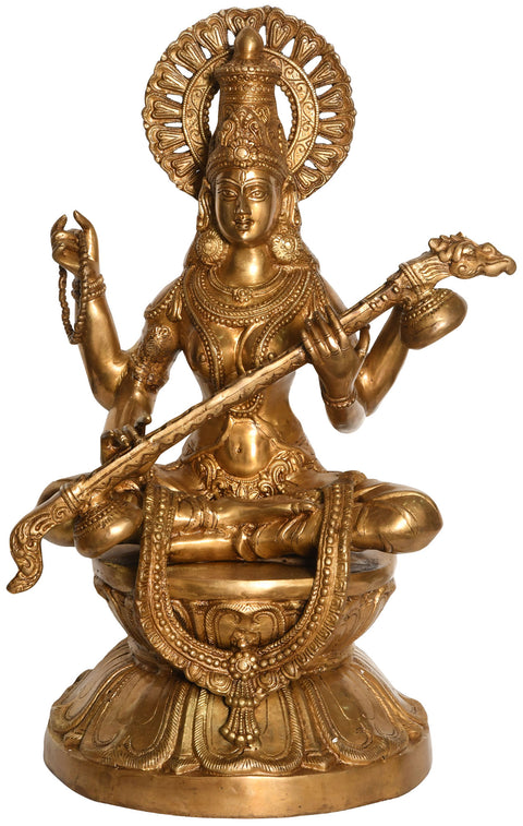 25" Large Size Goddess Saraswati Seated on Lotus In Brass | Handmade | Made In India