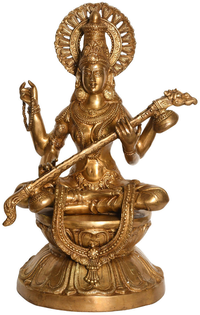 25" Large Size Goddess Saraswati Seated on Lotus In Brass | Handmade | Made In India