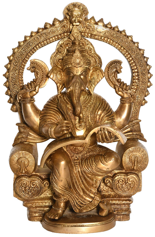 16" Lord Ganesha Writing Mahabharata Brass Statue Handmade