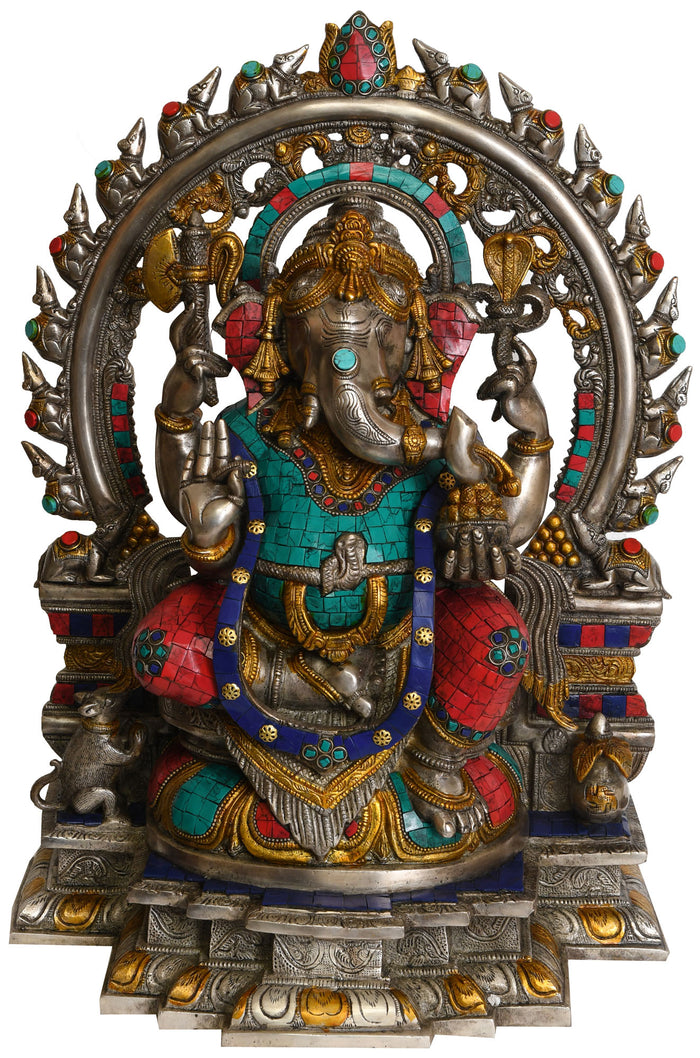 18" Brass Ganesha with Aureole Handmade Statue