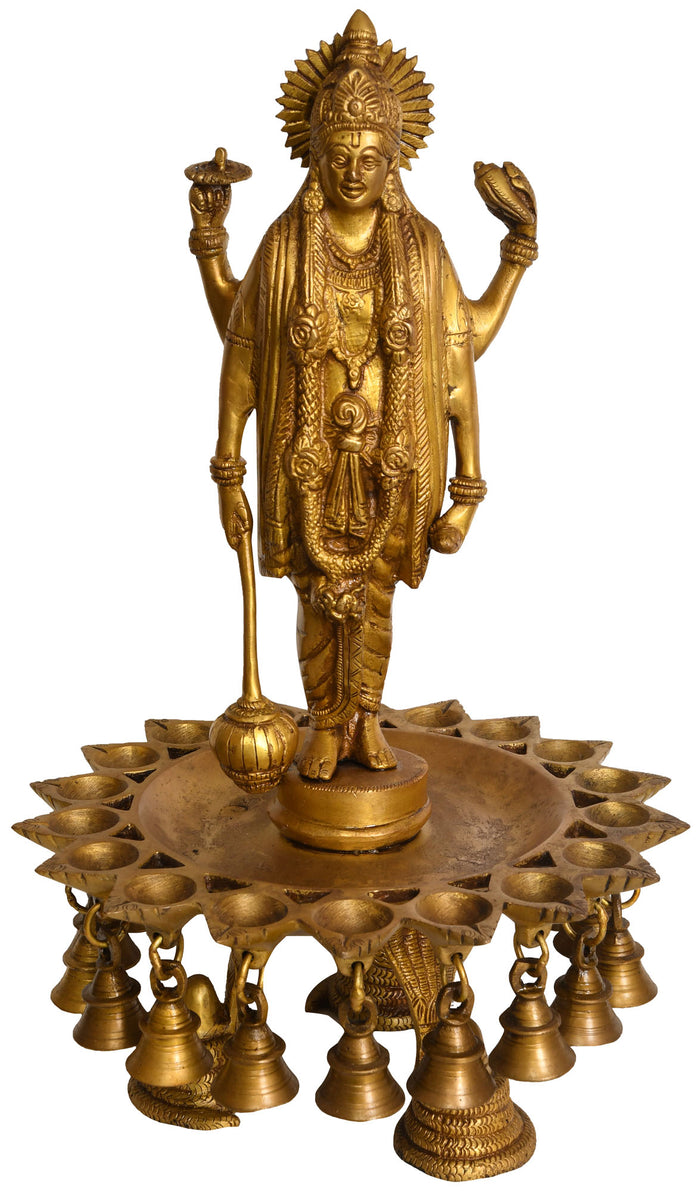 16" Lord Vishnu Brass Wick Lamp with Hanging Bells Handmade