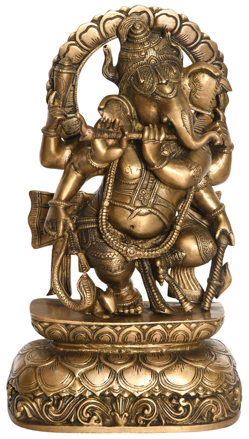 17" Handmade Lord Ganesha Playing Flute Brass Statue