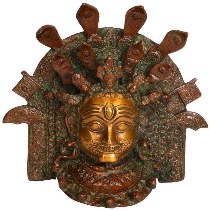 6" Lord Bhairava and a Multitude of Snakes: Wall-Hanging Mask in Brass