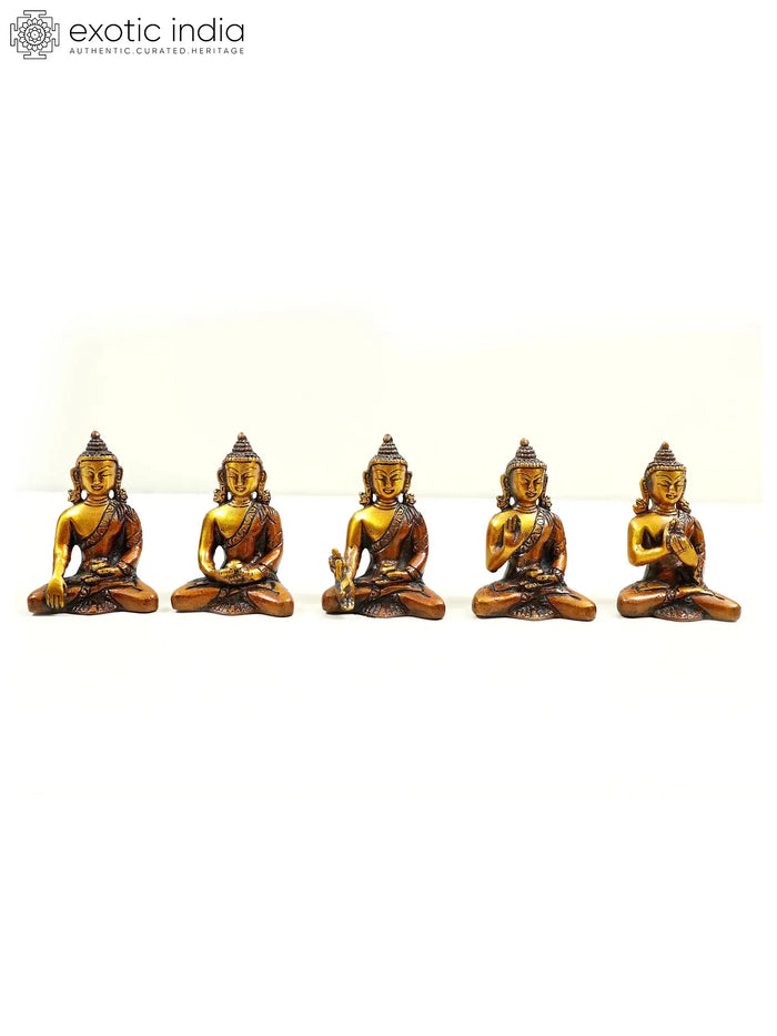 3" Set of Five Brass Dhyani Buddhas (Tibetan Buddhist Deities) | Handmade