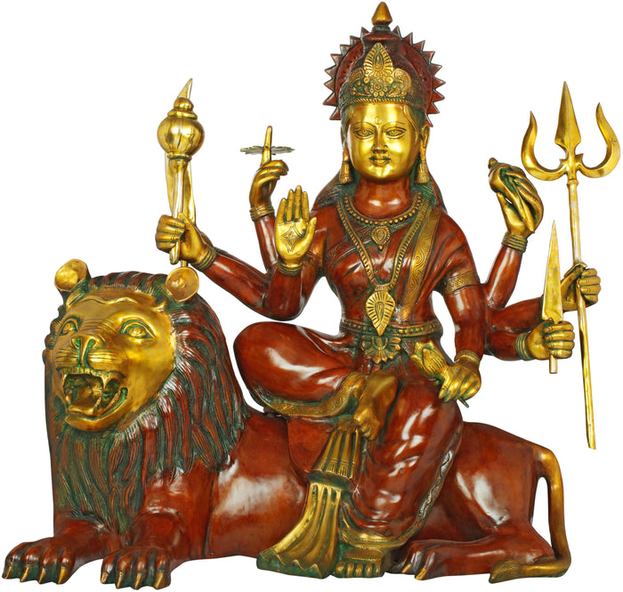 33" Large Goddess Durga Seated on Lion Brass Statue Handmade