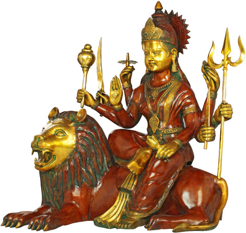33" Large Goddess Durga Seated on Lion in Brass | Handmade | Made in India