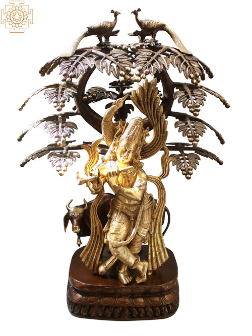 33" Peacock Krishna Under Blooming Tree Brass Statue