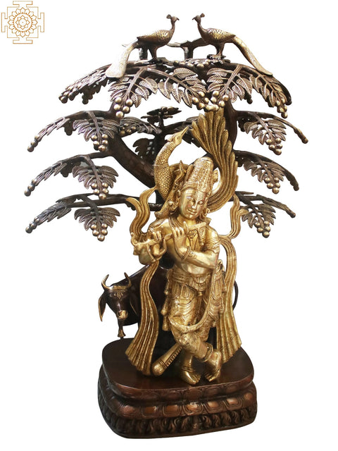 33" Peacock Krishna Under a Blooming Tree with Cow In Brass