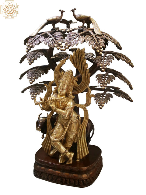 33" Peacock Krishna Under a Blooming Tree with Cow In Brass
