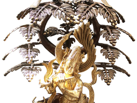 33" Peacock Krishna Under a Blooming Tree with Cow In Brass