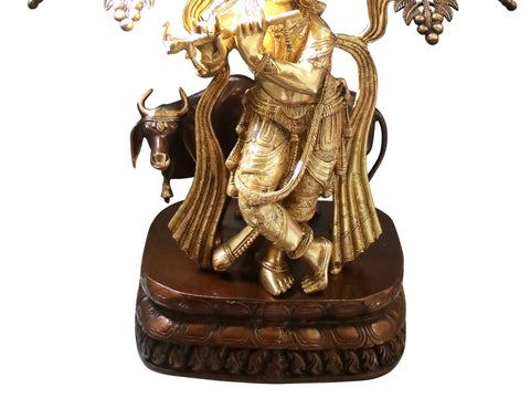 33" Peacock Krishna Under a Blooming Tree with Cow In Brass