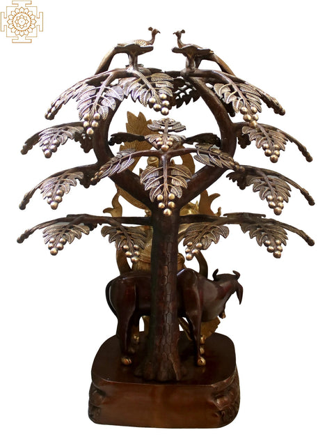 33" Peacock Krishna Under a Blooming Tree with Cow In Brass