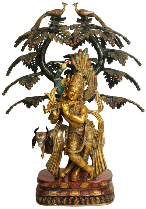33" Peacock Krishna Under a Blooming Tree with Cow In Brass