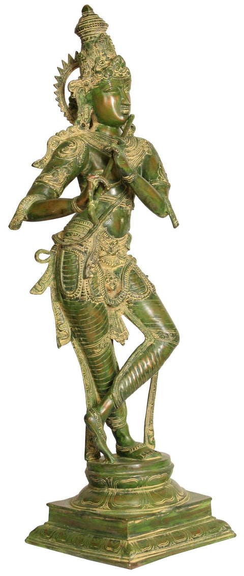 34" Large Size Lord Krishna Playing Flute In Brass | Handmade | Made In India
