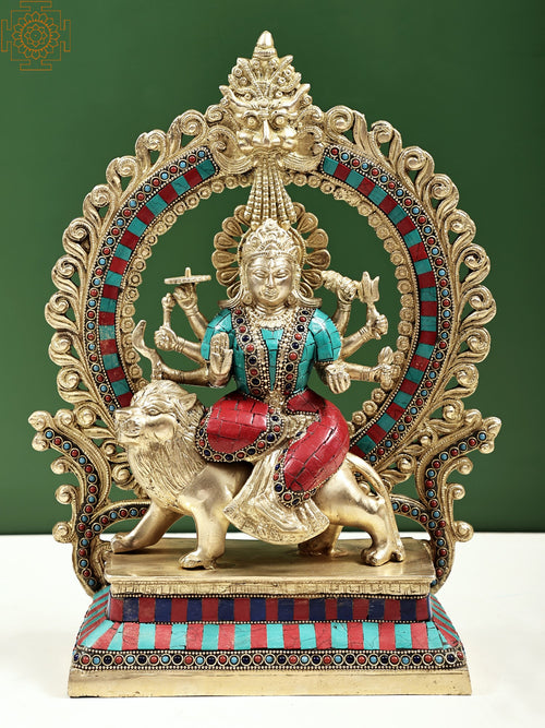 14" Goddess Durga Seated on Lion Brass Idol with Aureole and Kirtimukha