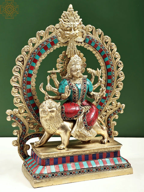 14" Goddess Durga Idol Seated on Lion with Aureole and Kirtimukha atop Inlay Work in Brass | Handmade