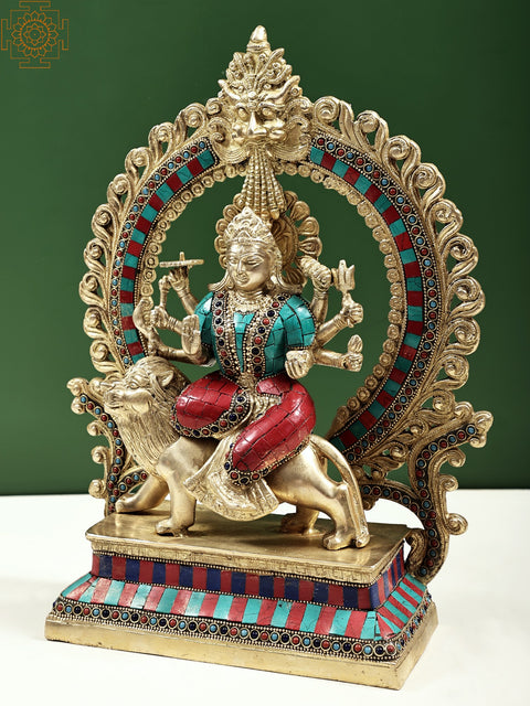 14" Goddess Durga Idol Seated on Lion with Aureole and Kirtimukha atop Inlay Work in Brass | Handmade