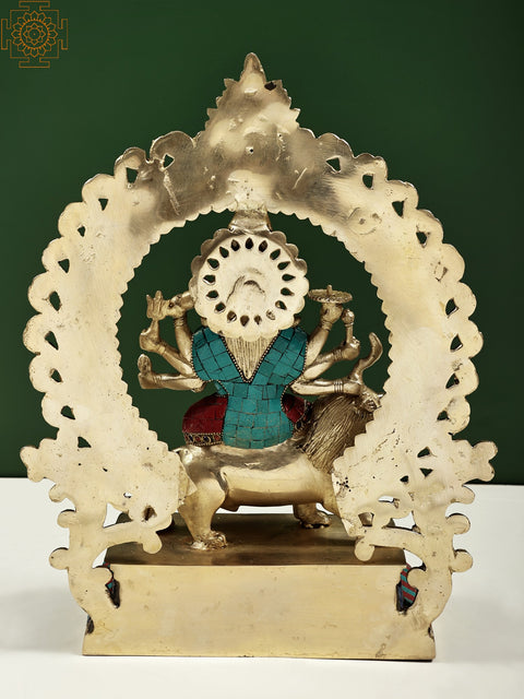 14" Goddess Durga Idol Seated on Lion with Aureole and Kirtimukha atop Inlay Work in Brass | Handmade