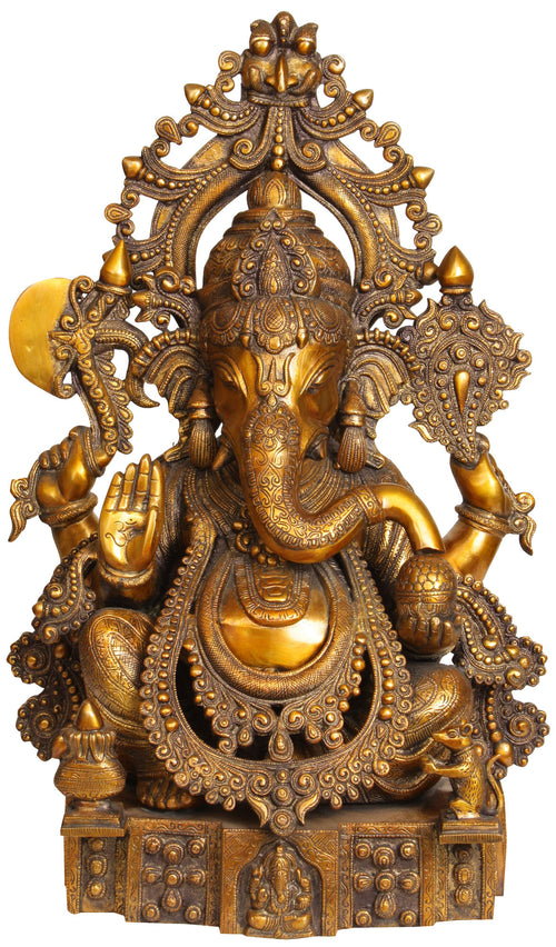 23" Handmade Lord Ganesha Brass Statue With Ornate Detailing