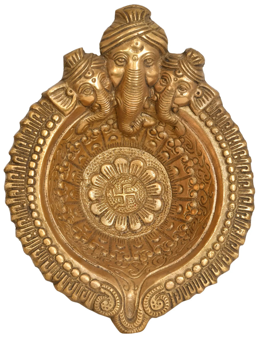 8" Handmade Tri-Mukha Ganesha Brass Diya for Pooja