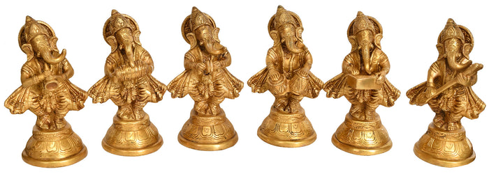 6" Musician Ganesha Brass Statue Set of Six Handmade