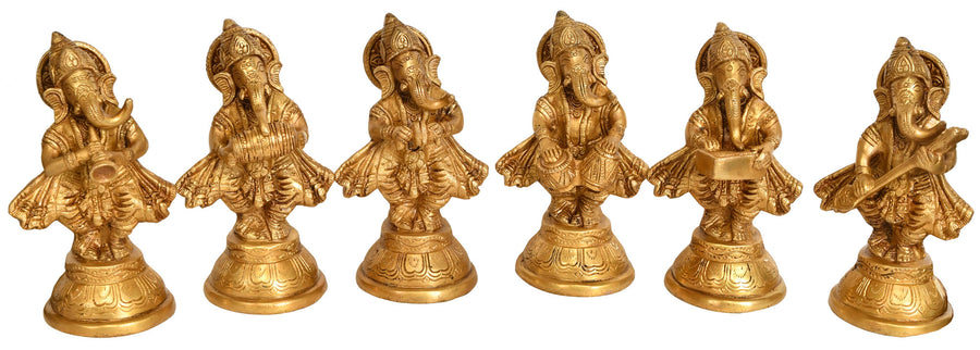 6" Musician Ganesha Brass Statue Set of Six Handmade