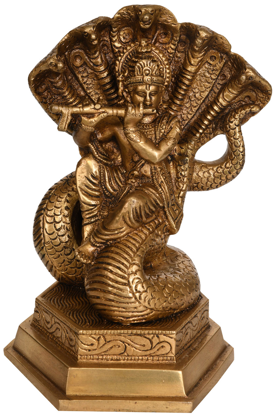 8" Murlidhar Krishna Seated on Kaliya Handmade Brass Statue