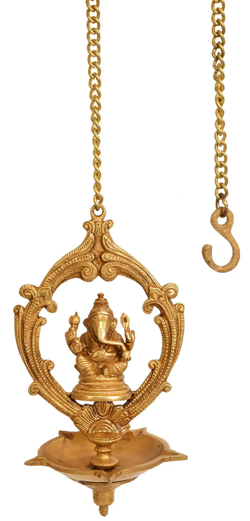 9" Handmade Brass Ganesha Five Wick Puja Lamp