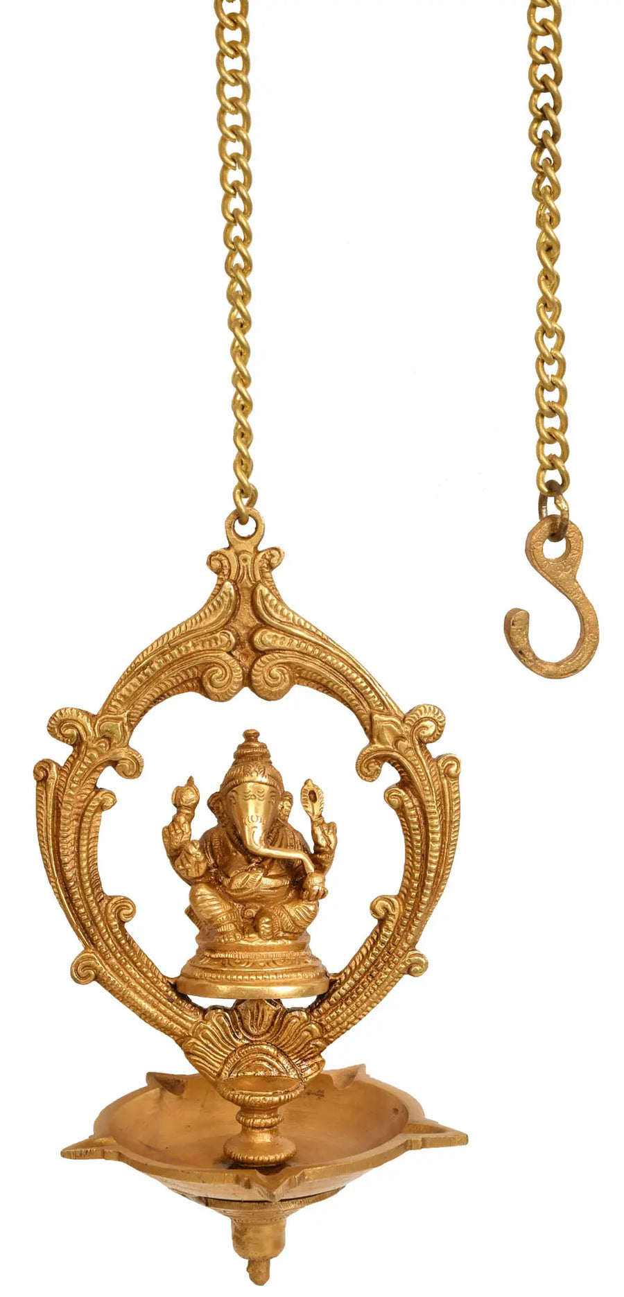 9" Handmade Brass Ganesha Five Wick Puja Lamp
