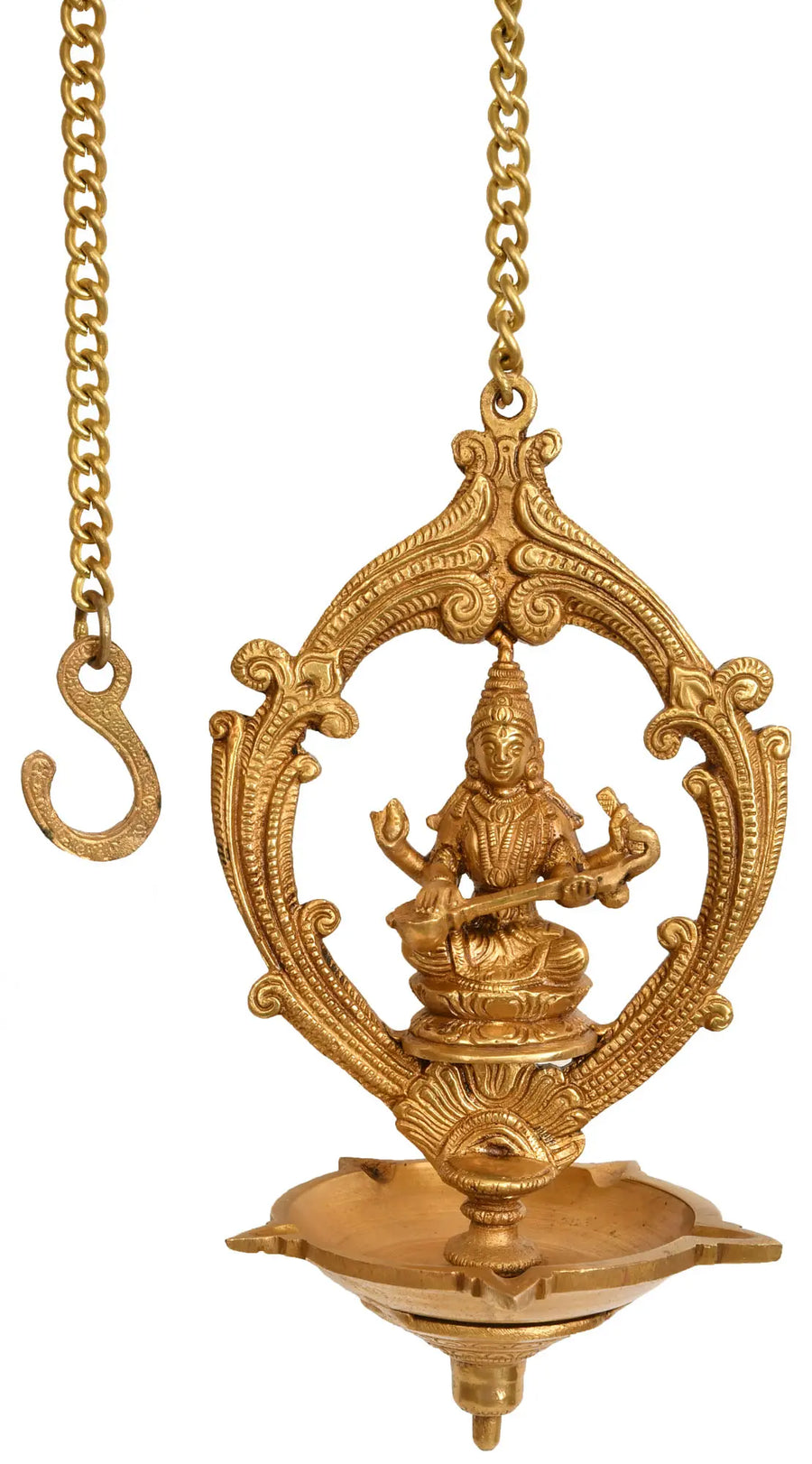 9" Saraswati Five Wick Brass Puja Lamp for Home Pooja
