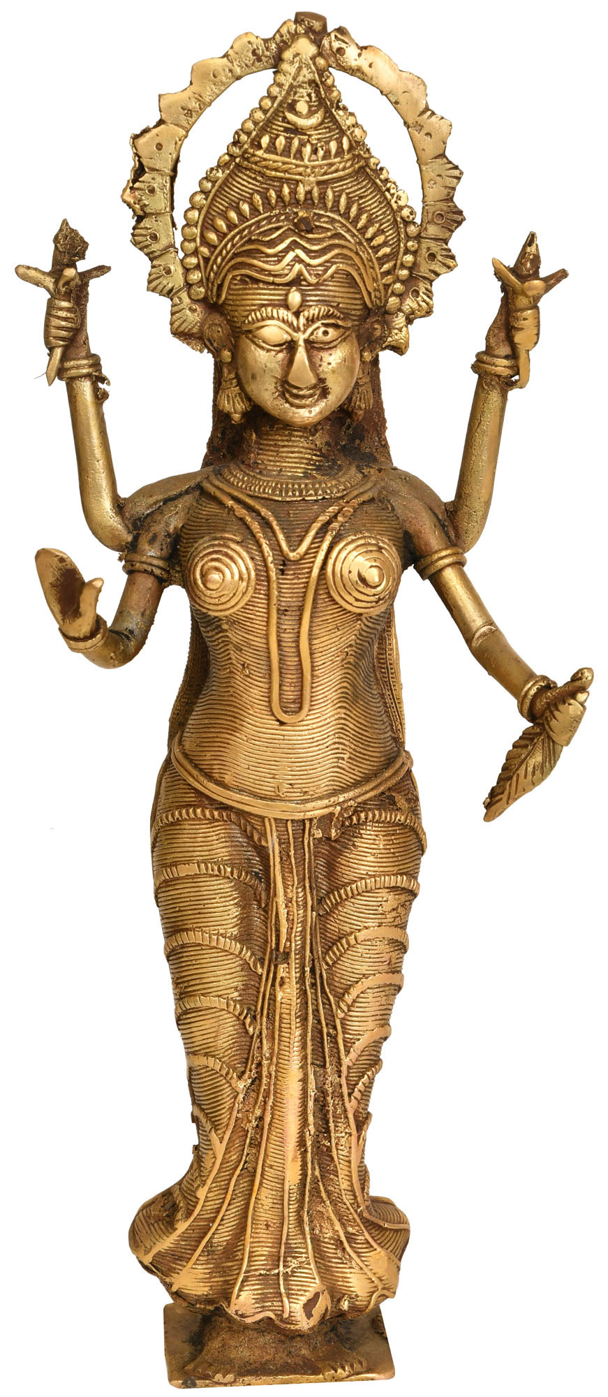 11" Handmade Goddess Lakshmi Tribal Brass Statue from Bastar