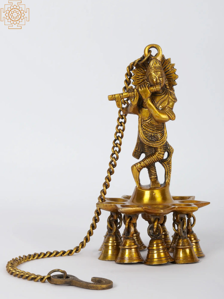 8" Brass Lord Krishna Hanging Oil Lamp with Bells Handmade