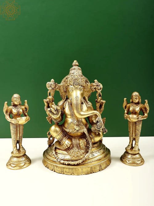 10" Lord Ganesha with Deeplakshmi Brass Statue Set for Pooja