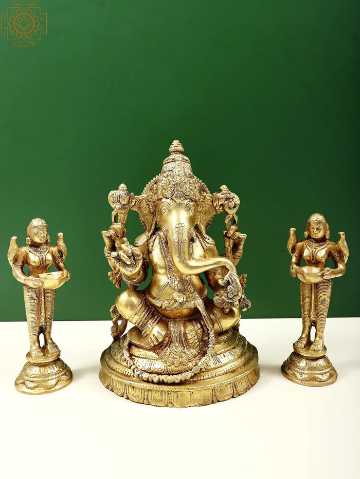 10" Lord Ganesha with Deeplakshmi Brass Statue Set for Pooja