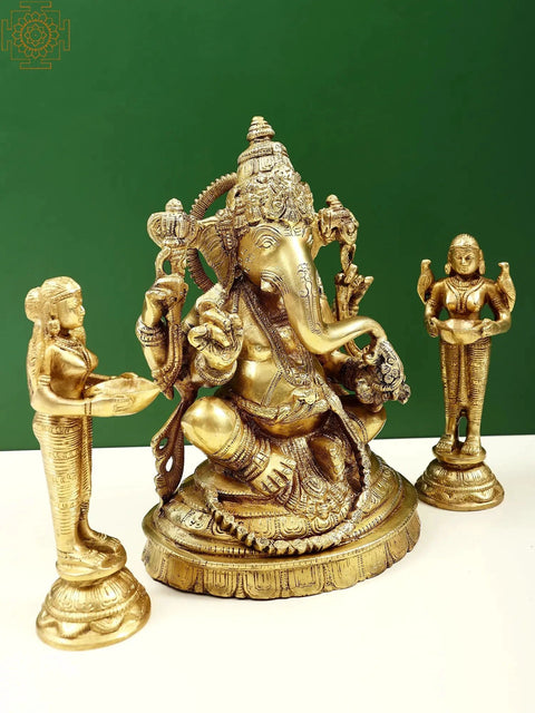 10" Lord Ganesha with Deeplakshmi Pair (Set of Three Statues) in Brass