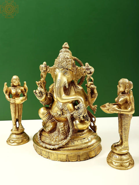 10" Lord Ganesha with Deeplakshmi Pair (Set of Three Statues) in Brass
