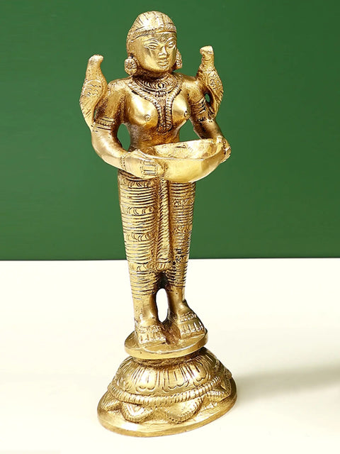 10" Lord Ganesha with Deeplakshmi Pair (Set of Three Statues) in Brass