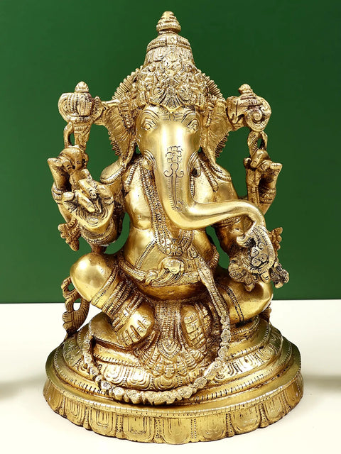 10" Lord Ganesha with Deeplakshmi Pair (Set of Three Statues) in Brass