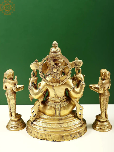 10" Lord Ganesha with Deeplakshmi Pair (Set of Three Statues) in Brass