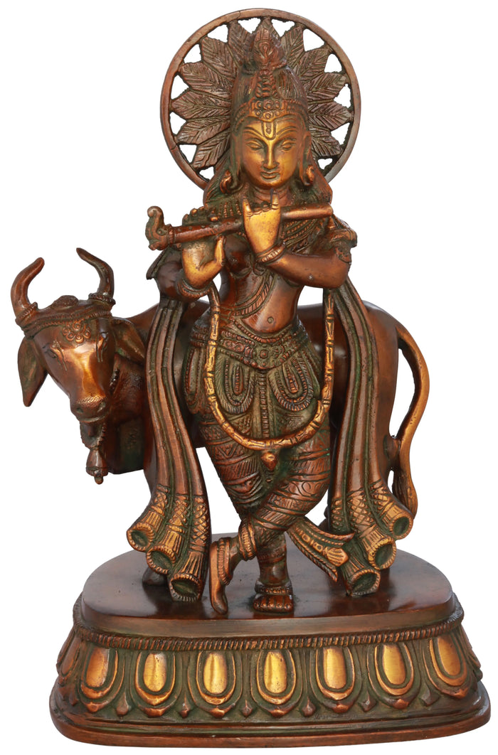 10" Handmade Krishna Idol with Cow Brass Statue